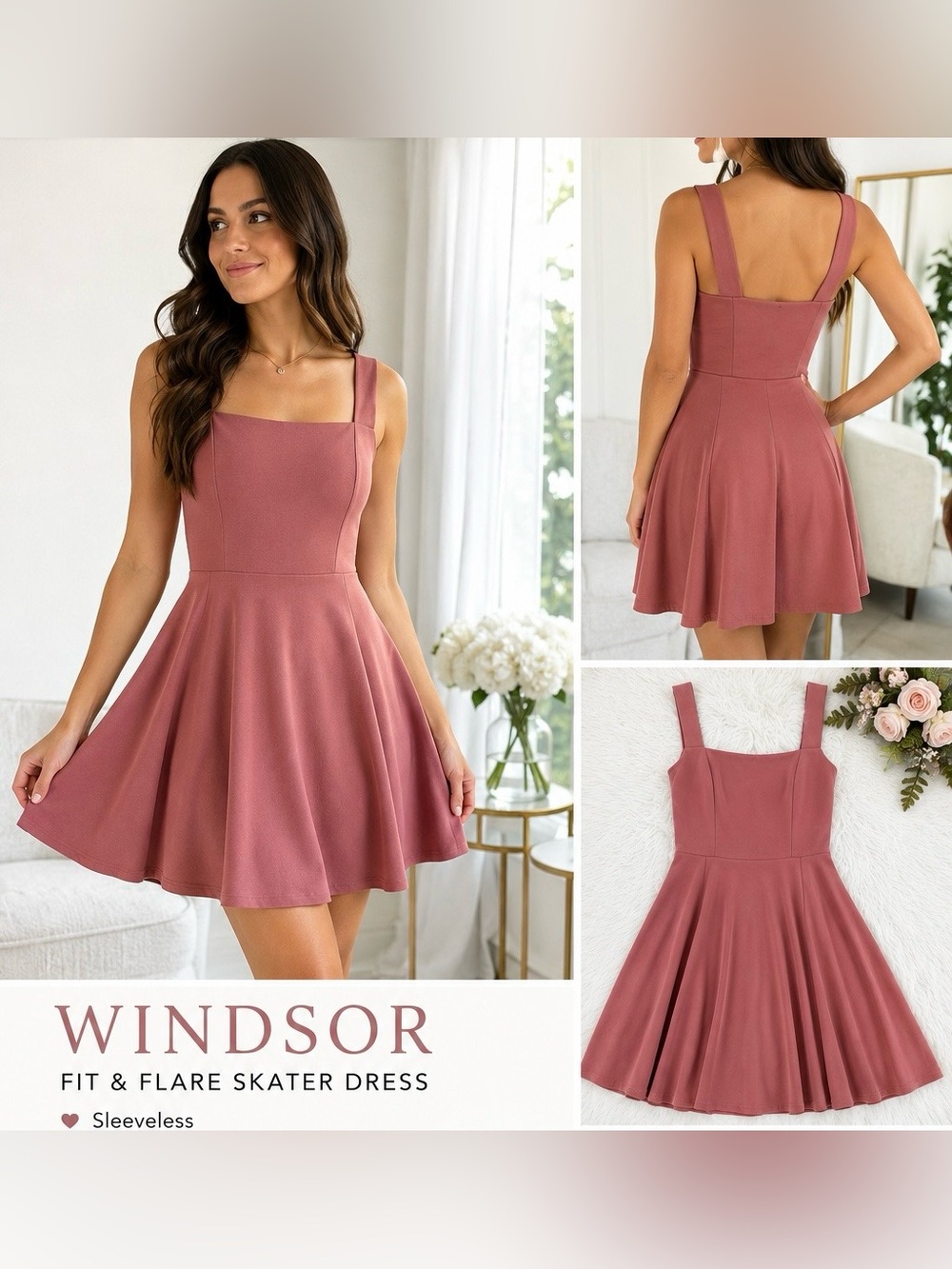 Windsor Dusty Rose Square-Neck Flared Mini Dress